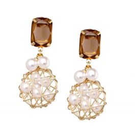 Amber Stone with Pearls wrapped in Gold Woven Wire