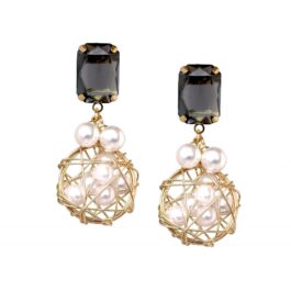 Black Stone with Pearls wrapped in Gold Woven Wire