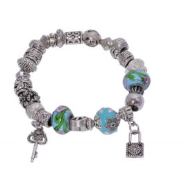 Silver Charm bracelet with Blue Floral Glass Beads