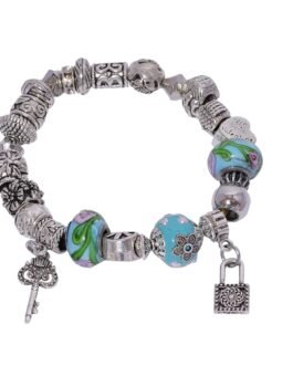 Silver Charm bracelet with Blue Floral Glass Beads