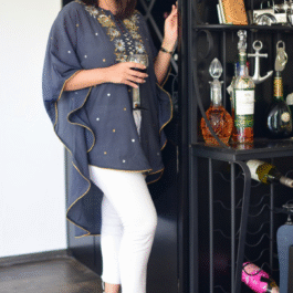 French cross cape with antique sequin flowers ( Mid Night Blue )