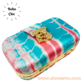 Boho Tie & Dye Evening Metal Clutch Sky Blue White & Pink