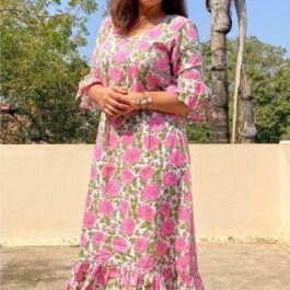 White base with fresh pink floral print with ruffles