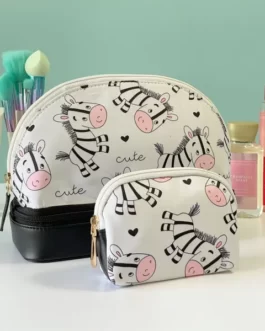 Vegan Leather Double Layer Cosmetic Accessories Bag with Mini Pouch Cute Zebra Print