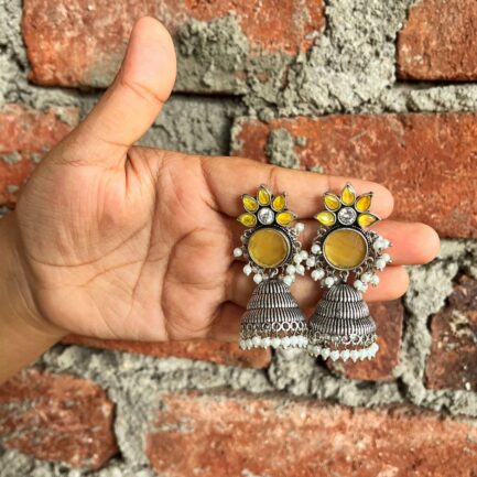 Radha - Radiant Yellow Floral Jhumka Earrings - Image 2