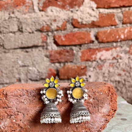 Radha - Radiant Yellow Floral Jhumka Earrings - Image 3