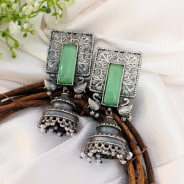 Mayuri Jhumkas: Green Stone & Swan Charm