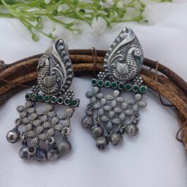 Noorie Silver Toned Oxidised Earrings with Emerald Stones
