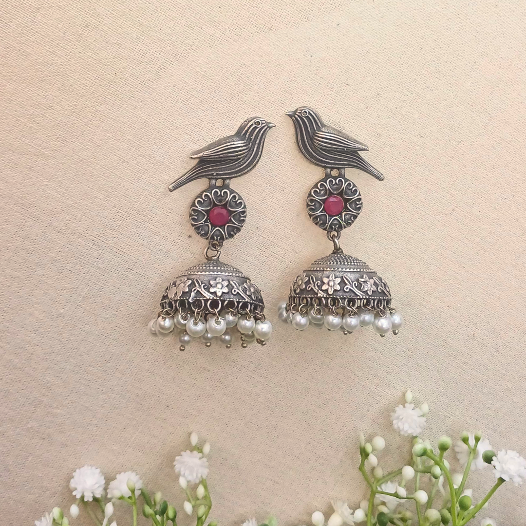 Pakhi - Bird Jhumka Earrings with Pearls german silver