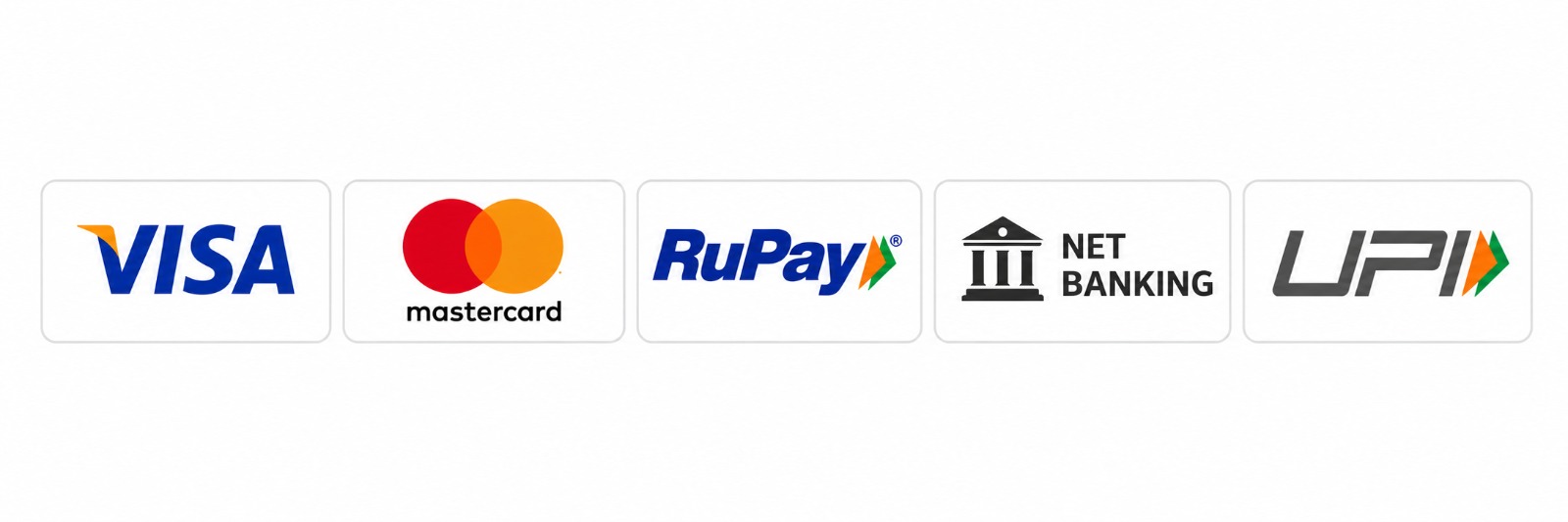 Accepted payment methods including Visa, Mastercard, RuPay, Net Banking, and UPI