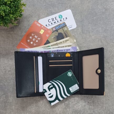 Vegan Leather 3-Fold Wallet Black with Cute Orange Print | Card & Photo Holder - Image 2