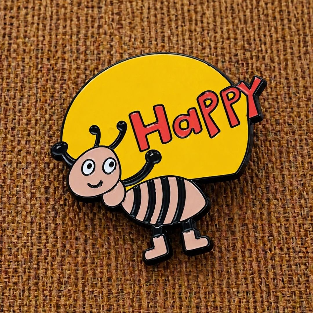 Cartoon bee enamel pin with a striped body and yellow speech bubble featuring red “Happy” lettering.