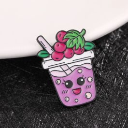 Cute Pink Smoothie Enamel Pin with Berry Design