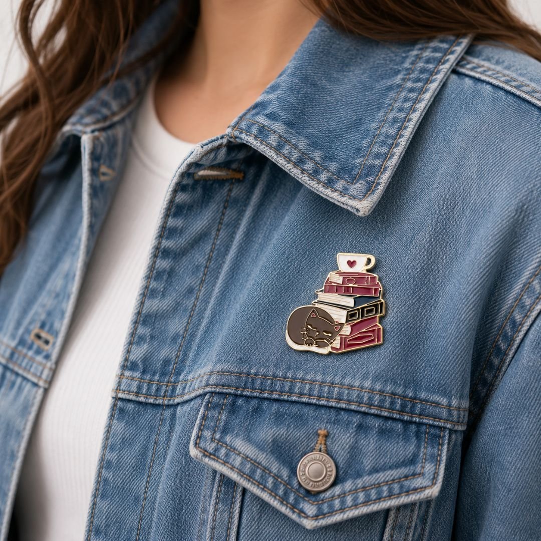 Sleeping cat enamel pin lying beside colourful books with a coffee cup on top, 3.5 × 3.6 cm.
