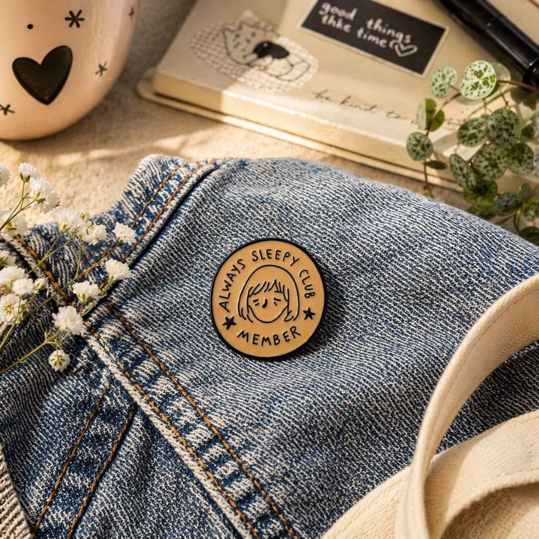 Round beige Always Sleepy Club Member pin with sleepy face illustration and black lettering.