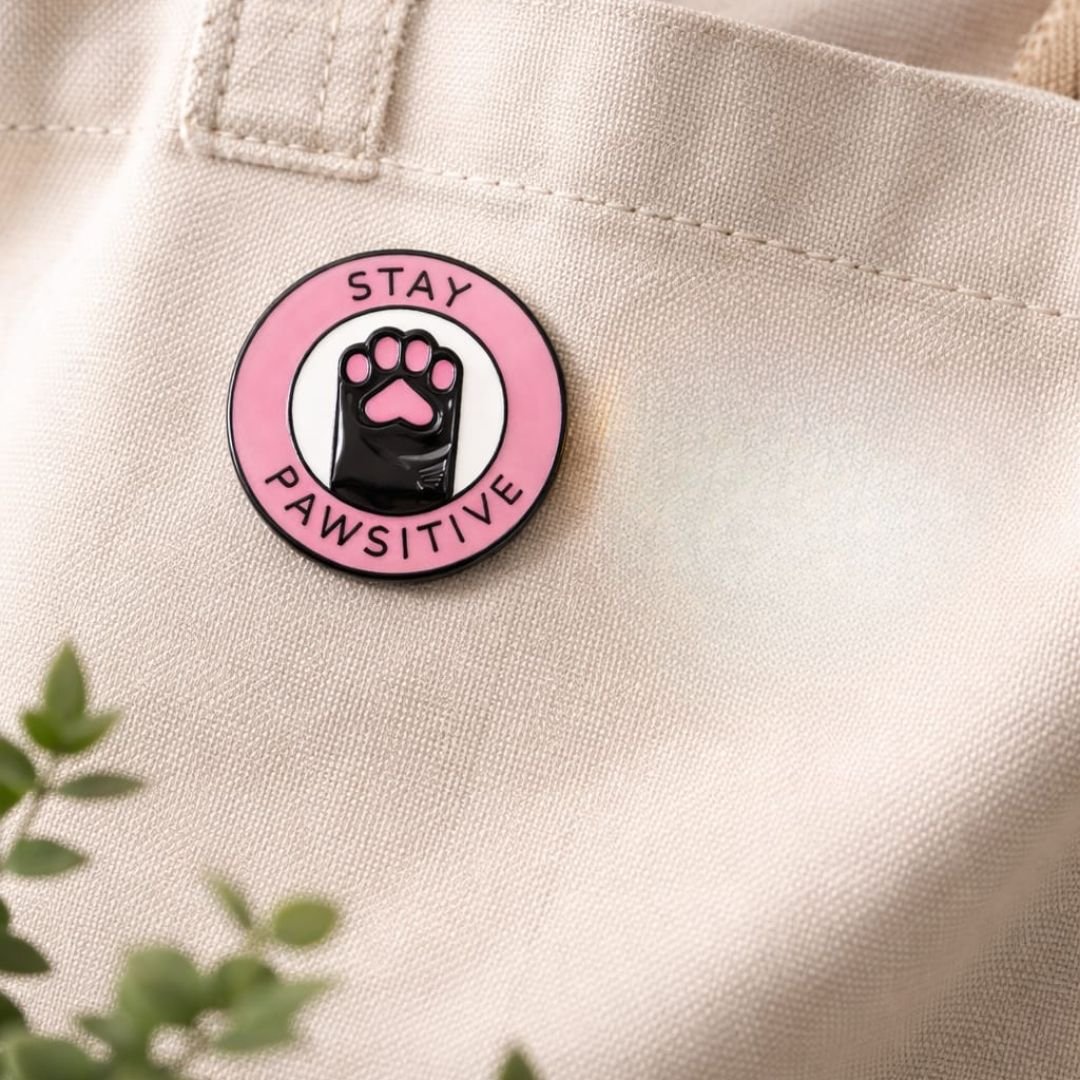 Stay Pawsitive enamel pin with a black paw print and pink circular border on a light fabric bag.