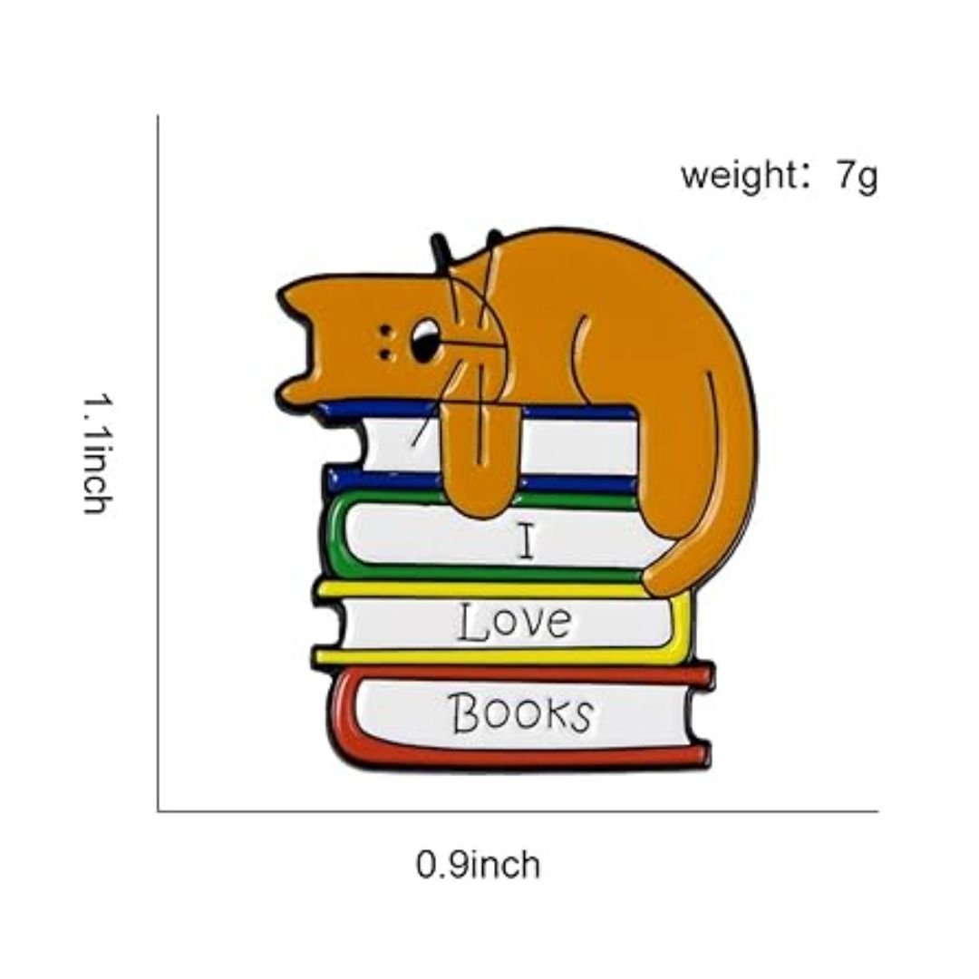 I Love Books Enamel Pin – Orange Cat on Colorful Books - Image 3