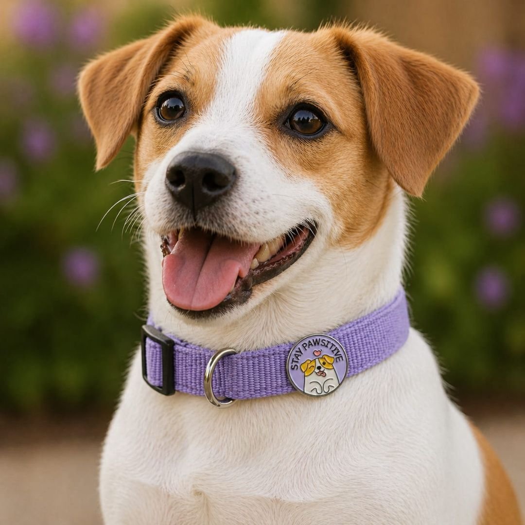 Stay Pawsitive dog lover enamel pin on puppy collar Jack Russell terrier lavender background