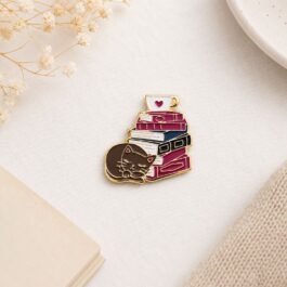 Sleeping Cat Books Enamel Pin – Cute Kitty & Coffee Design