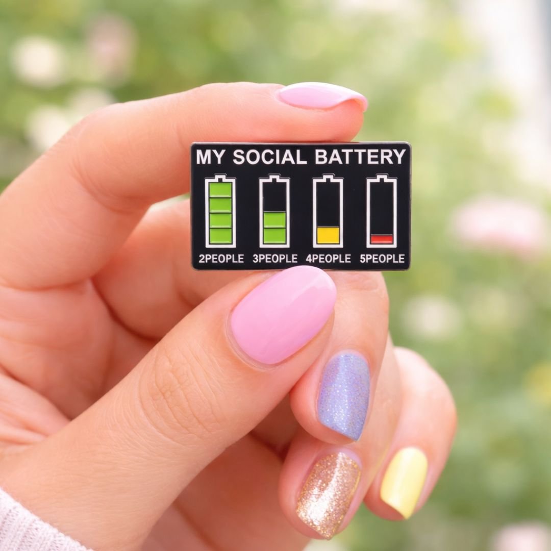 My Social Battery Enamel Lapel Pin with Green and Red Mood Indicator Levels