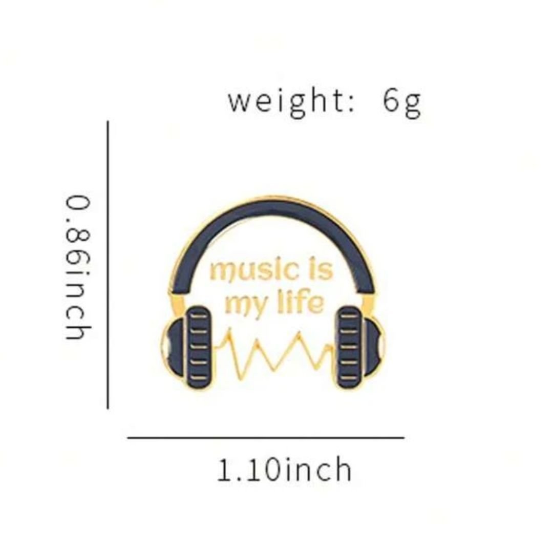 Music Is My Life headphone hard enamel lapel pin with gold finish and soundwave design