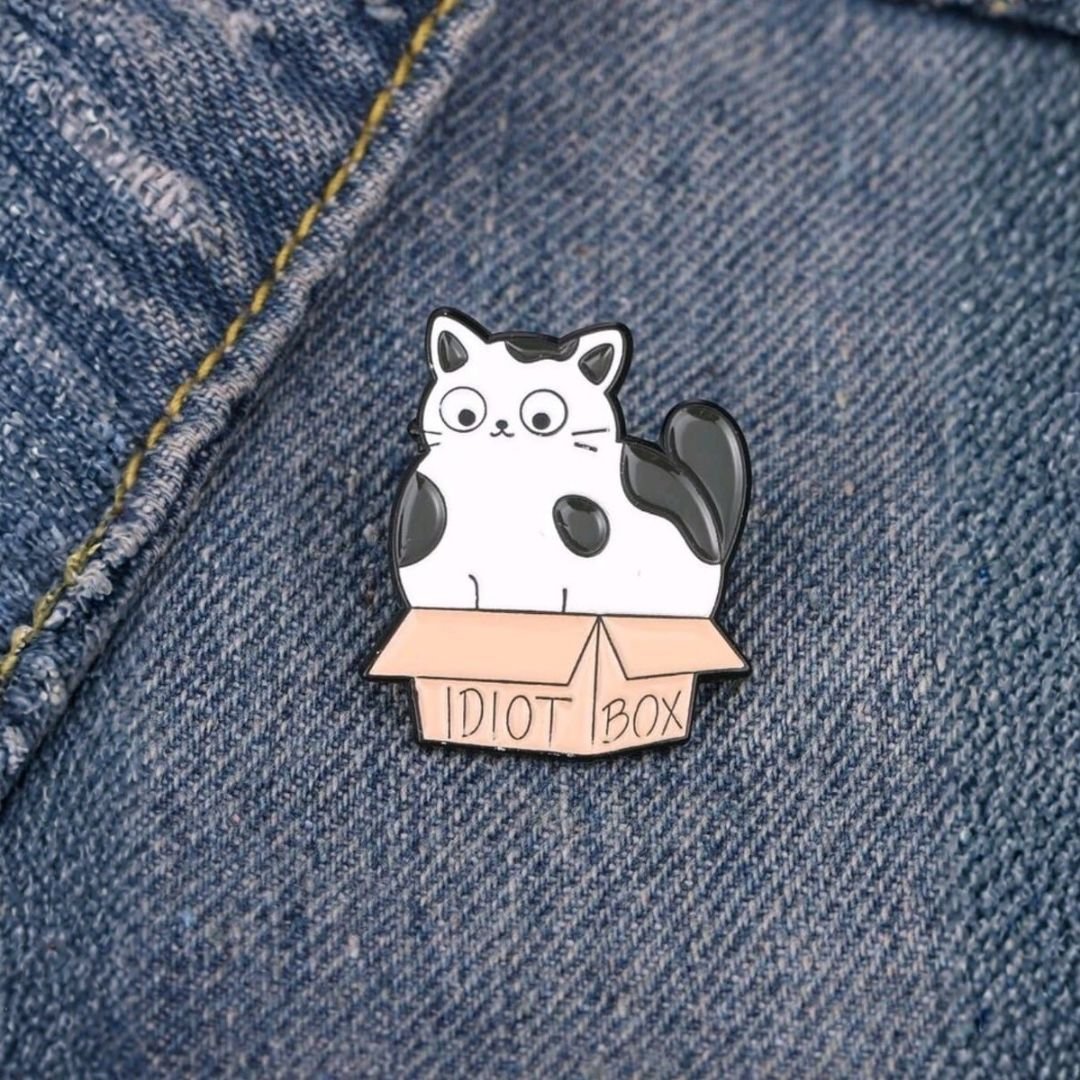 idiot box cat enamel lapel pin black white hard enamel india