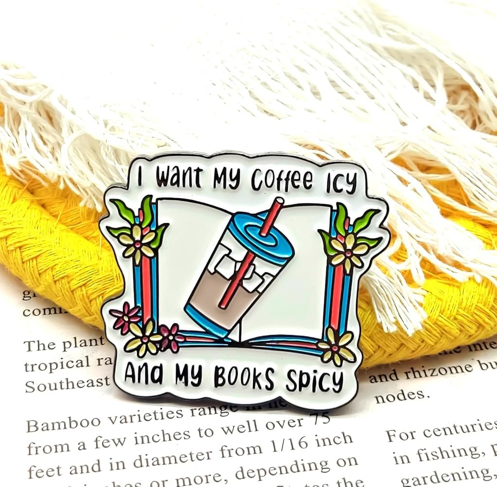 Colourful coffee and books enamel pin with iced coffee cup and floral details
