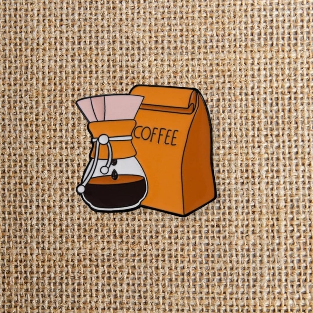 pour over coffee brewer and bag enamel pin 3cm brown orange black