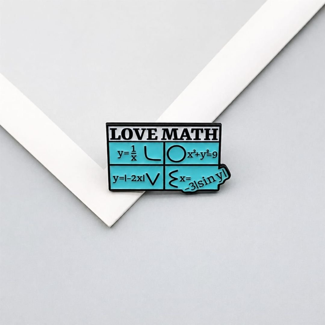 Rectangular Love Math pin with a light blue background, black mathematical equations and white heading panel.