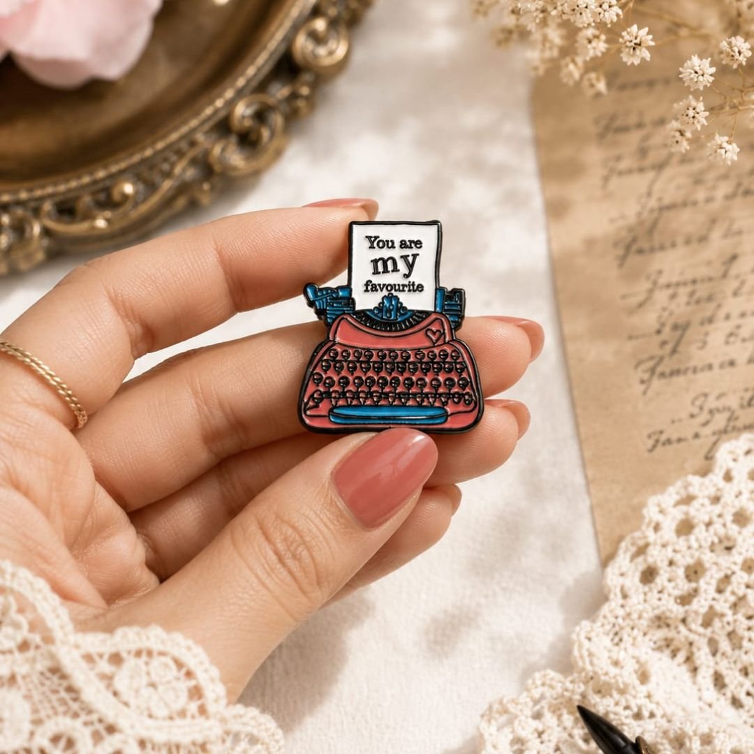 Cute Typewriter Enamel Pin – Retro Writing Theme - Image 3