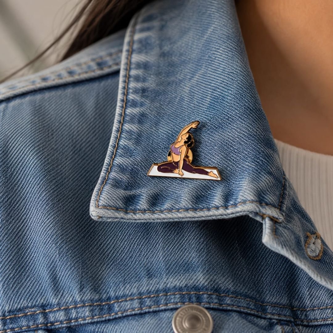 Yoga pose enamel pin pinned on denim jacket lapel cute yoga lover wellness lapel pin lifestyle