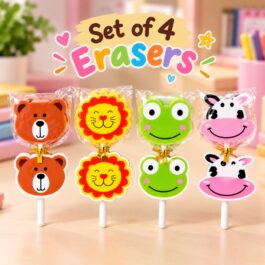 Animal Lollipop Erasers Set of 4 – Bear, Lion, Frog & Cow
