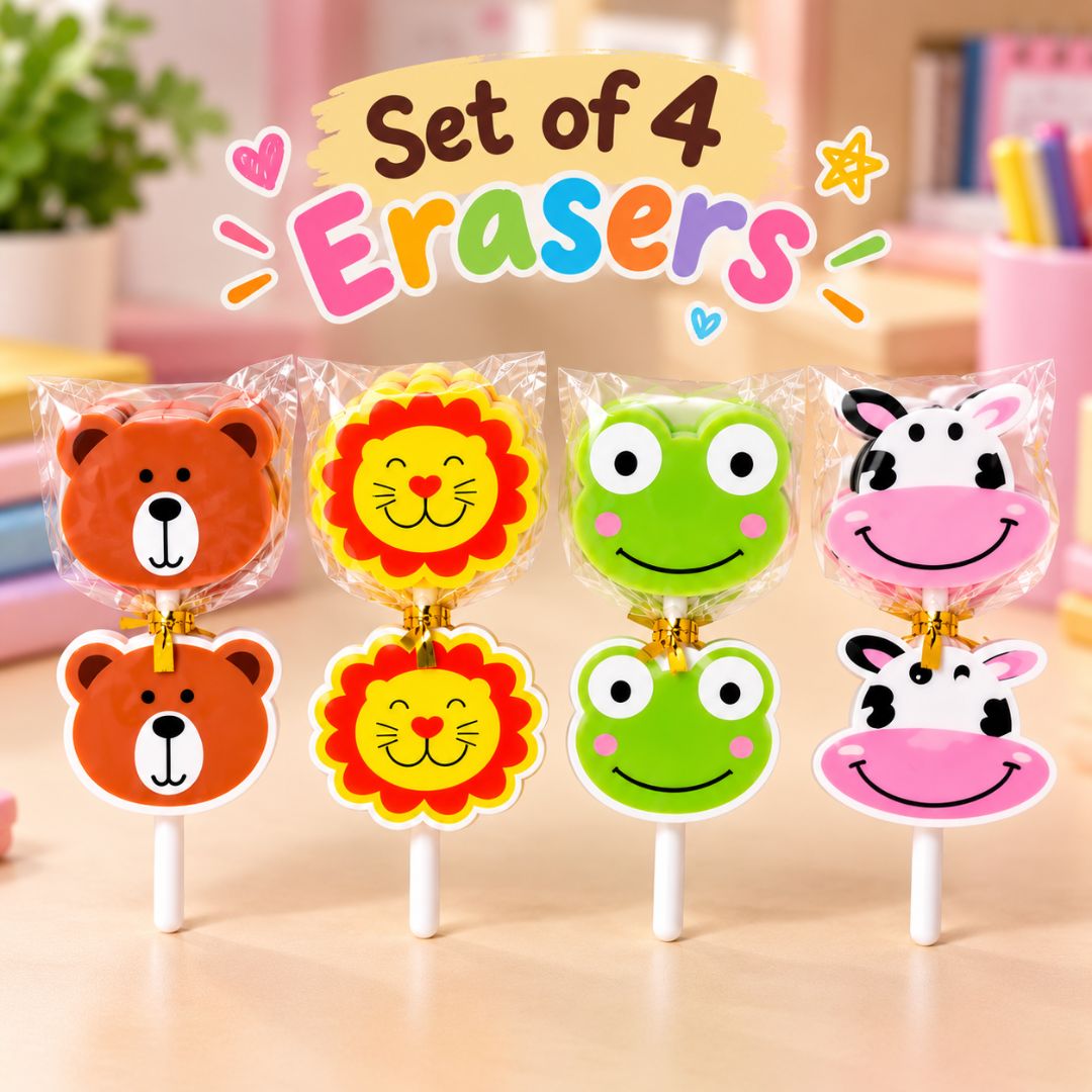 Animal Lollipop Erasers Set of 4 Bear Lion Frog Cow