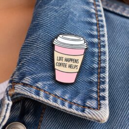 Coffee Enamel Pin – Life Happens Coffee Helps | Pink Coffee Cup