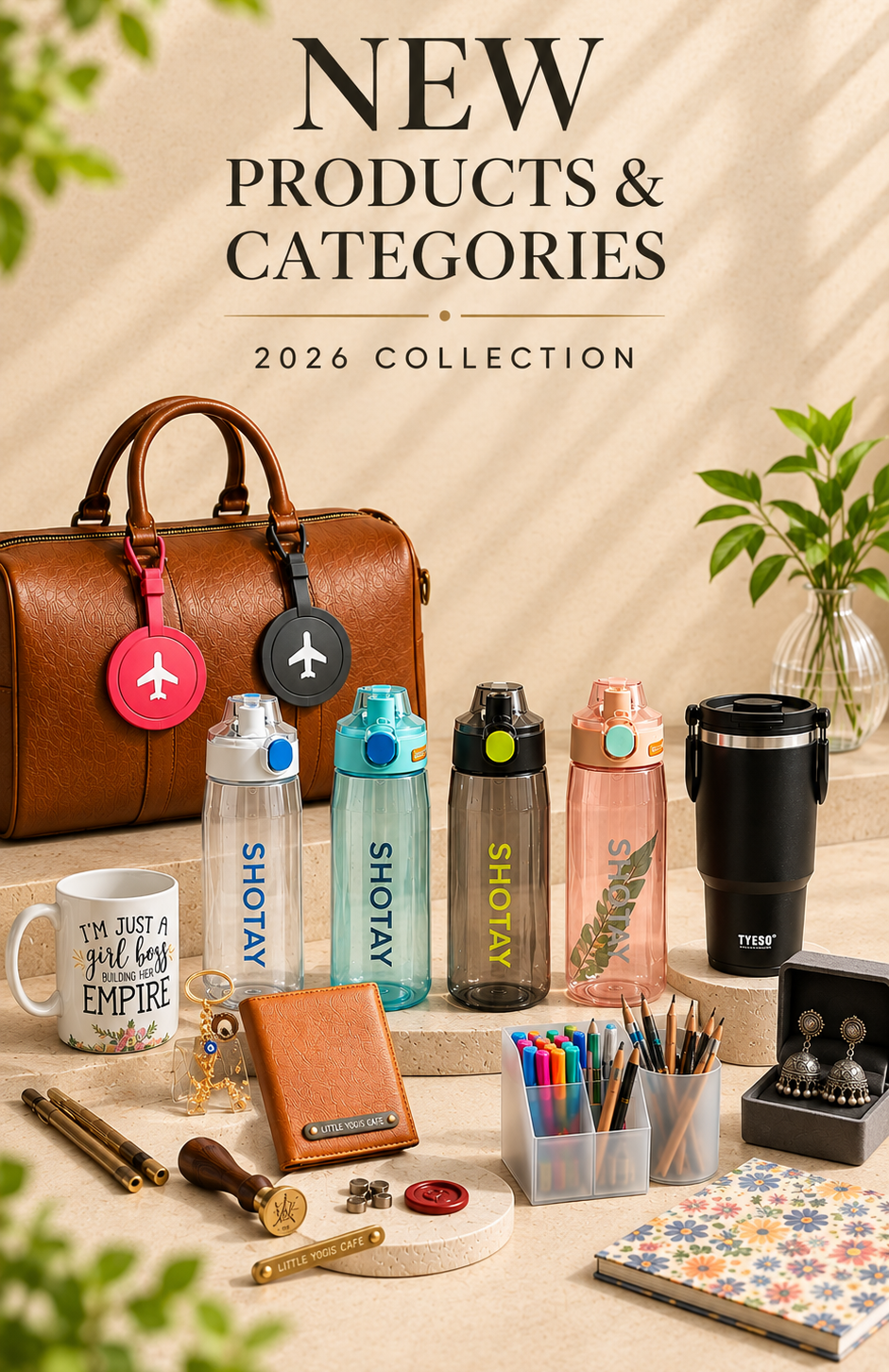 New products and categories 2026 collection featuring a leather travel bag, colorful water bottles, travel accessories, stationery, jewelry, and lifestyle products.