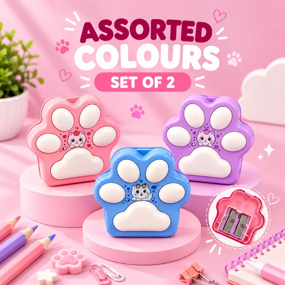 Paw Shaped Pencil Sharpener Set of 2 with cute cat illustrations in assorted colours