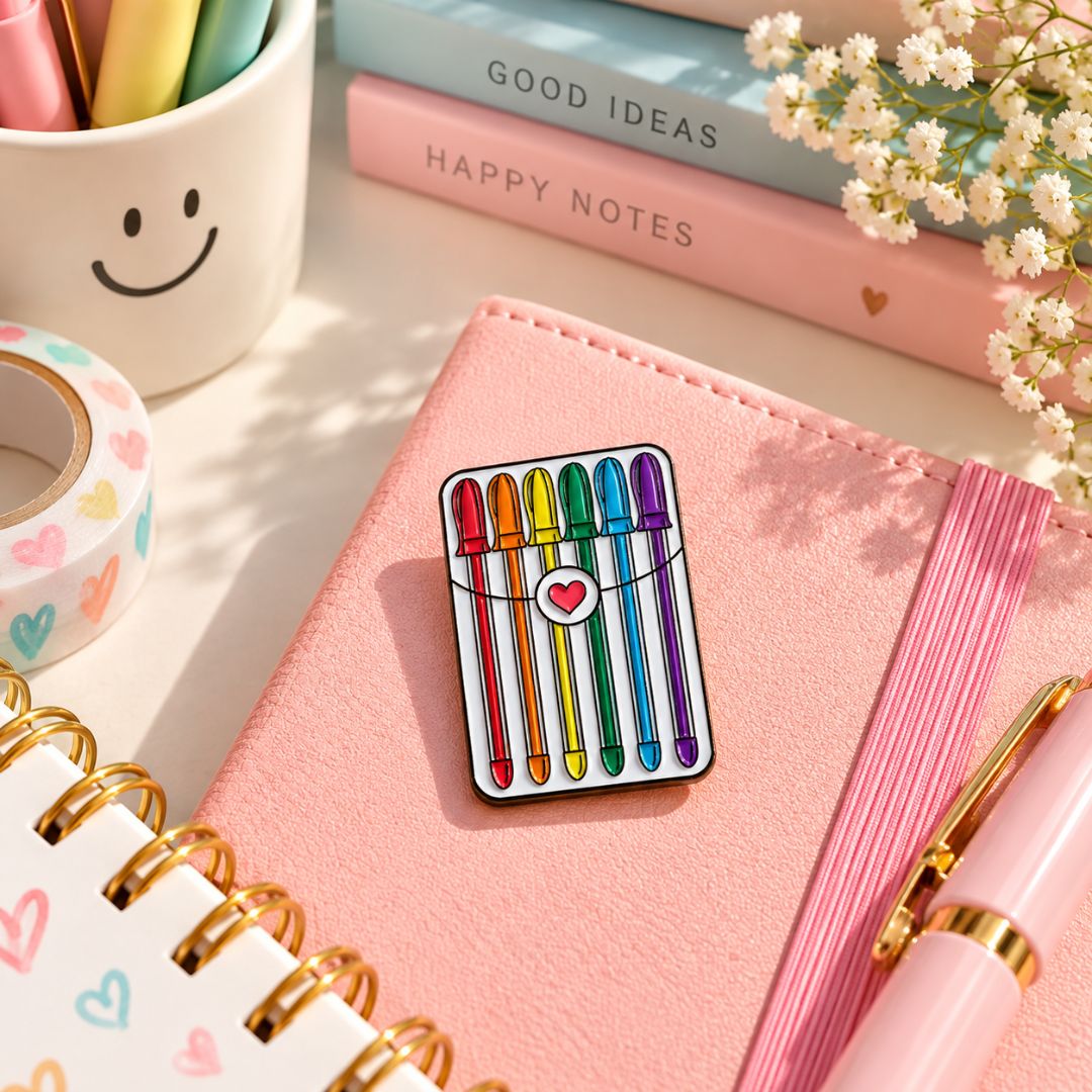 Rainbow Gel Pens Lapel Pin – Colourful Stationery Enamel Pin - Image 3