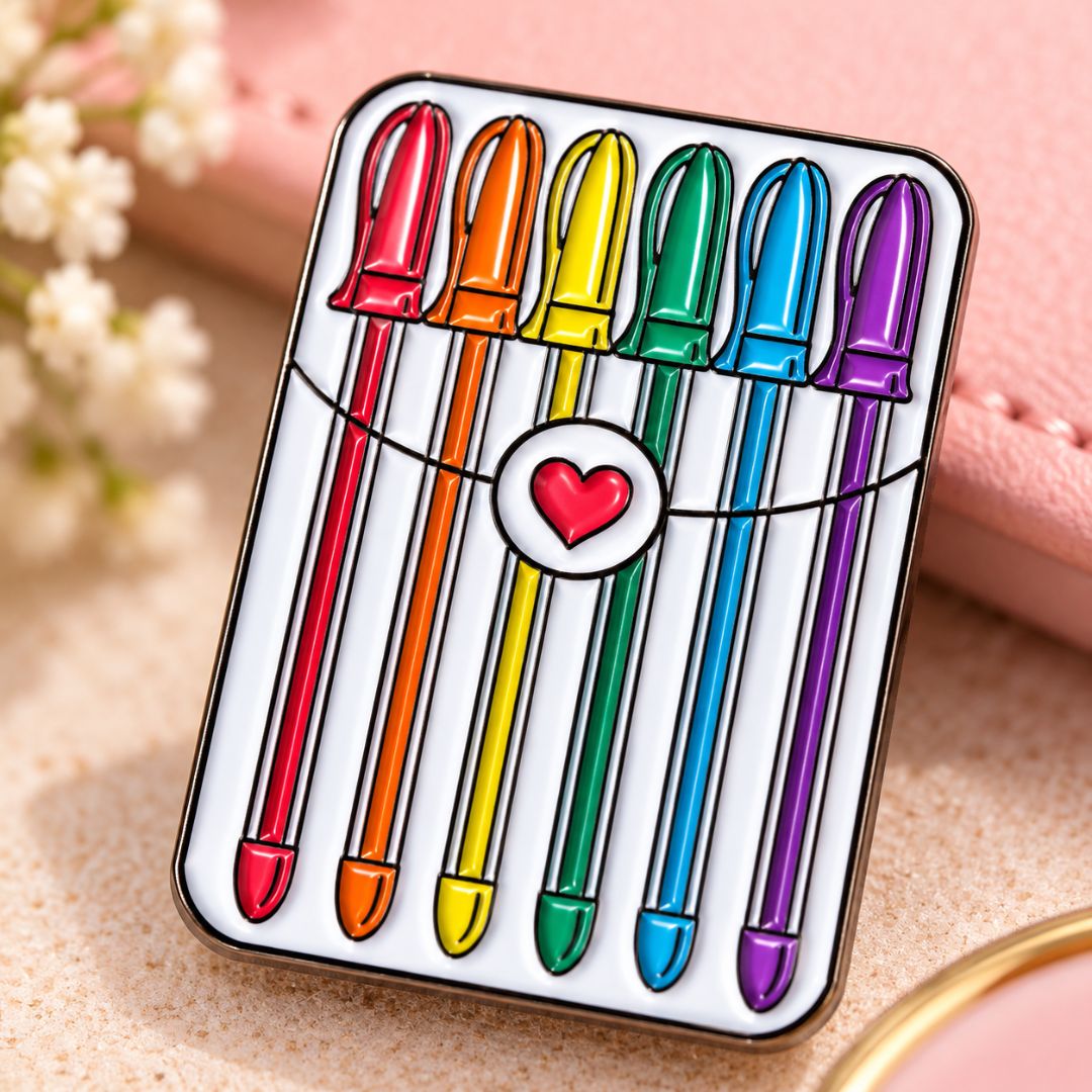 Rainbow Gel Pens Lapel Pin – Colourful Stationery Enamel Pin - Image 4