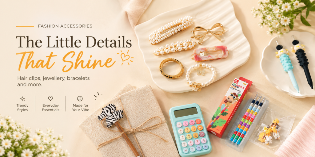 Storeeva Fashion Accessories banner featuring stylish hair accessories, jewelry, bracelets, earrings, and trendy fashion essentials on a warm cream background.