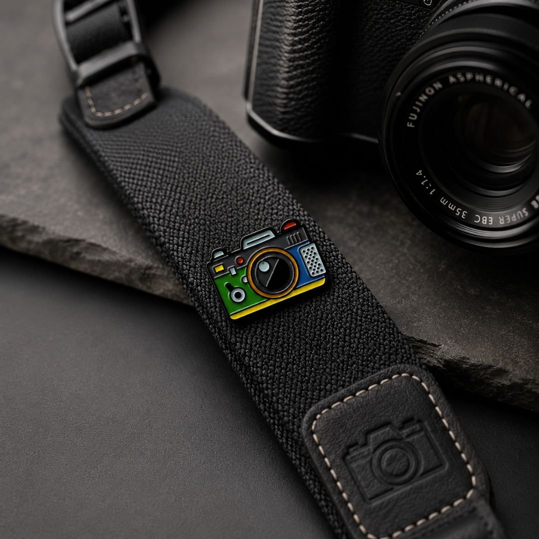 Colourful mini camera enamel pin with black, blue, green and yellow details.