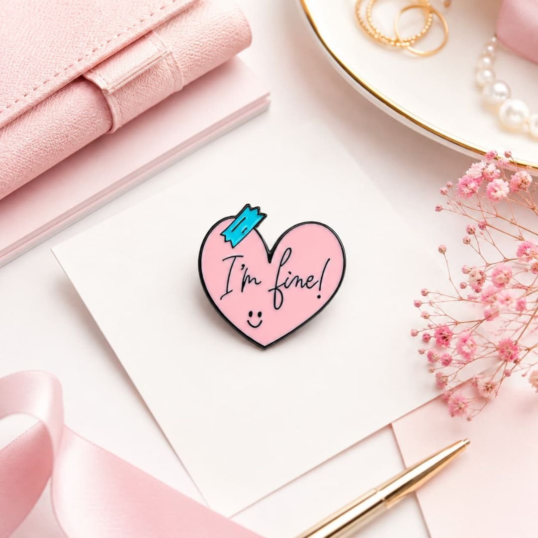 Pink I'm Fine heart-shaped enamel pin with smiley face