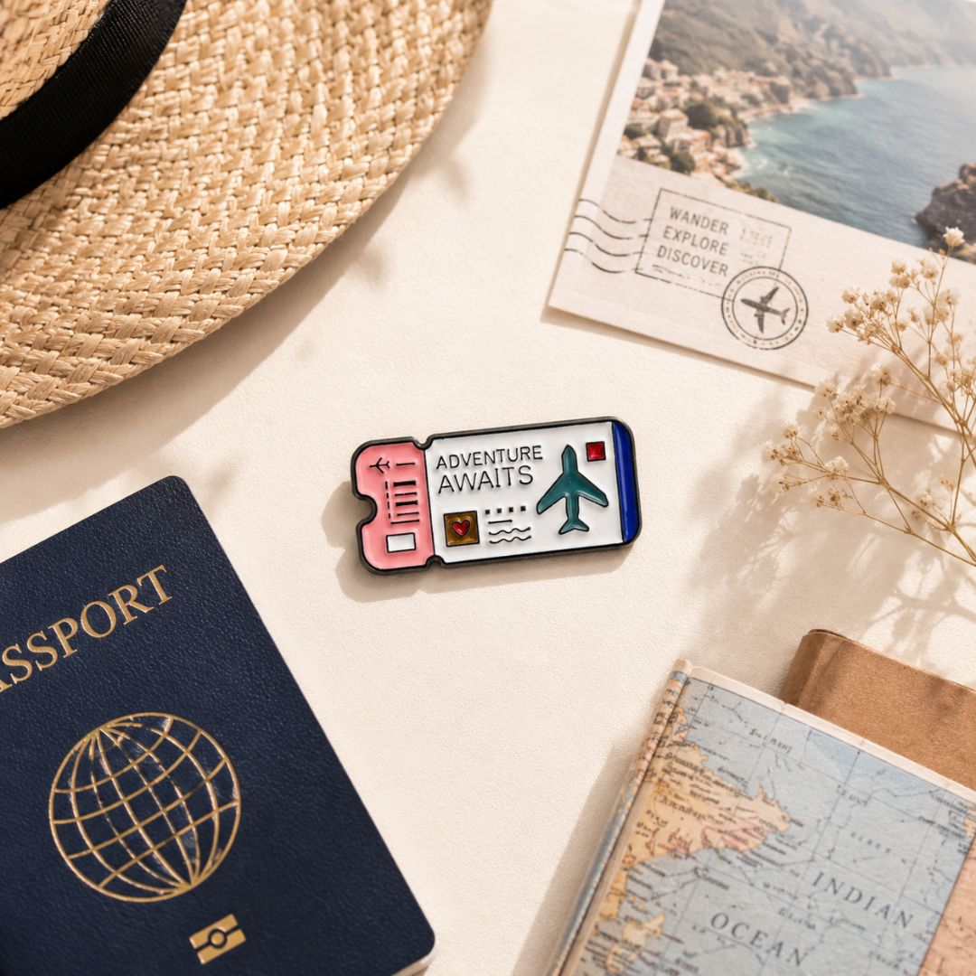 Adventure Awaits multicolor airplane travel-themed enamel pin
