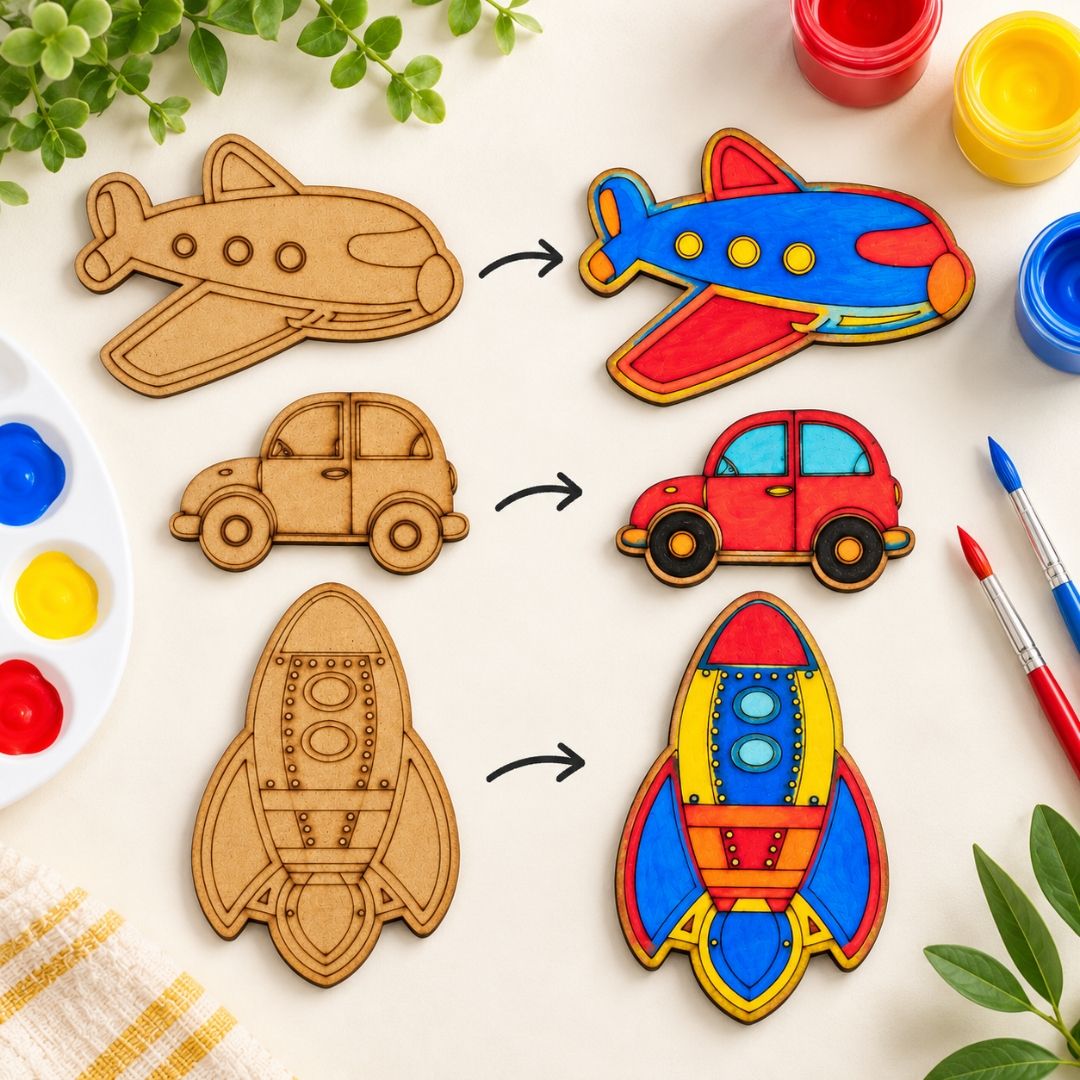MDF Wooden Transport Cutouts – Car, Airplane & Rocket - Image 4
