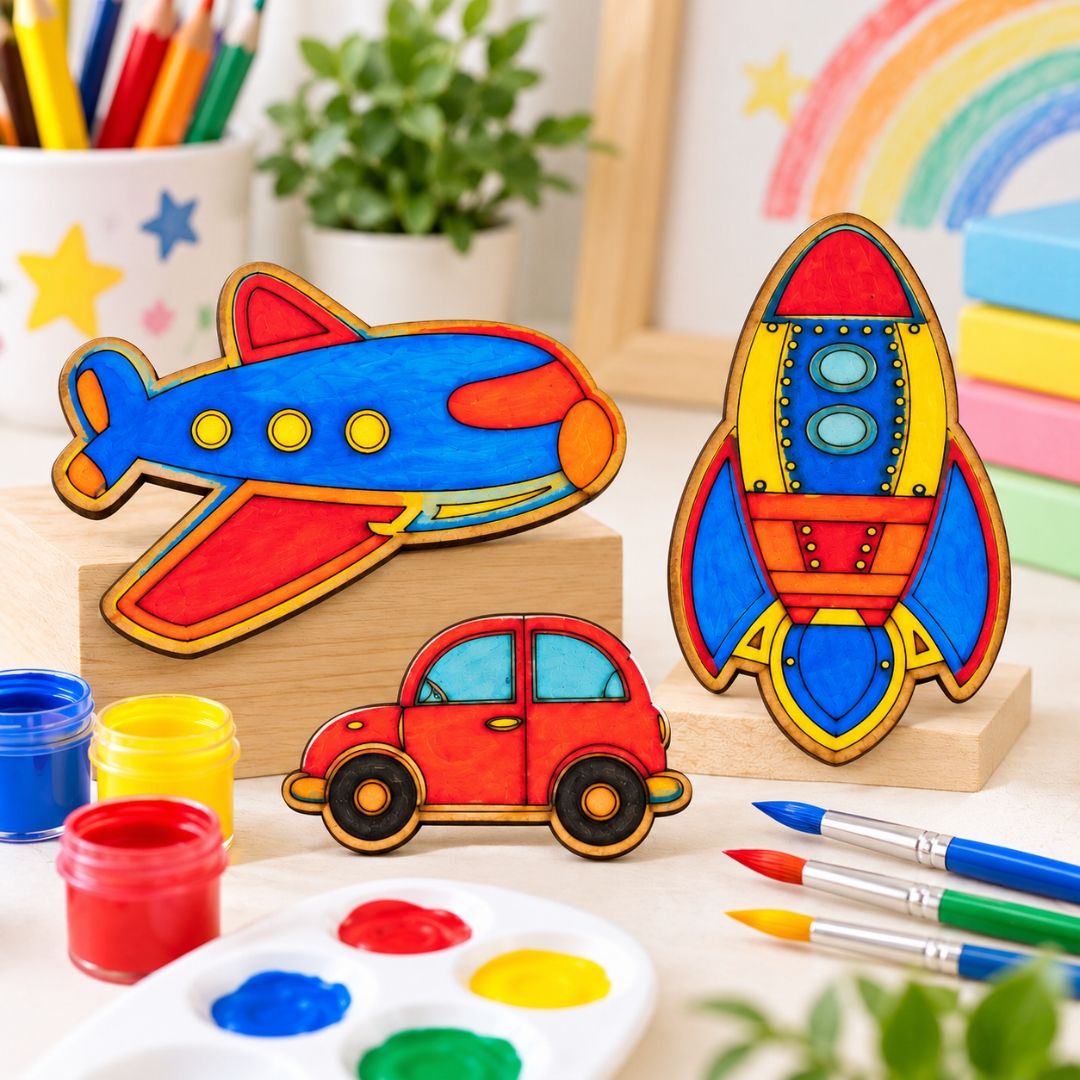 MDF Wooden Transport Cutouts – Car, Airplane & Rocket - Image 3