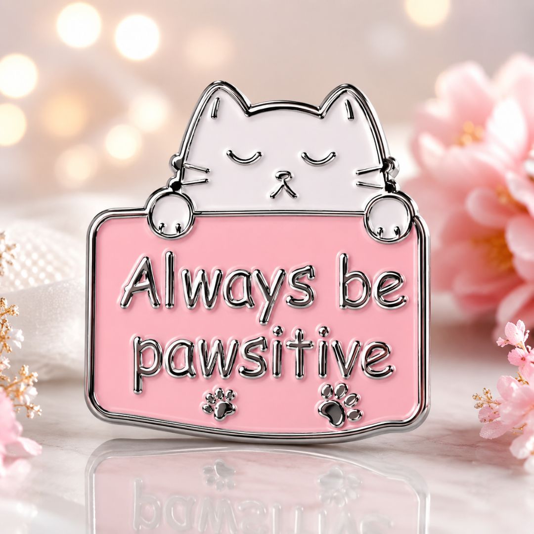 Always Be Pawsitive White Cat Enamel Pin - Image 2