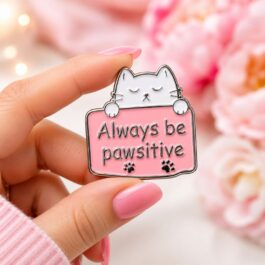 Always Be Pawsitive White Cat Enamel Pin