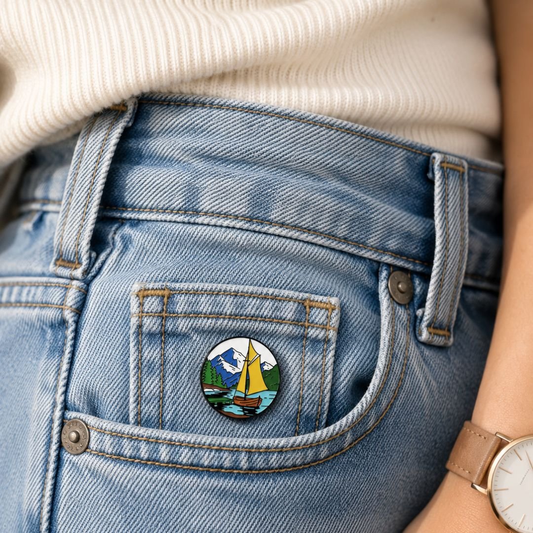 Colourful sailboat enamel pin attached to a beige jacket.