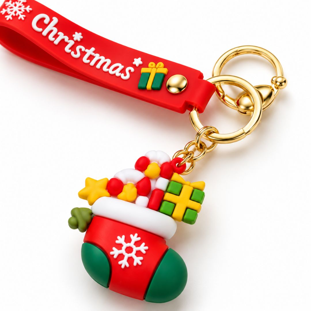Red and green Christmas socks keychain with festive red strap and gold-tone keyring.