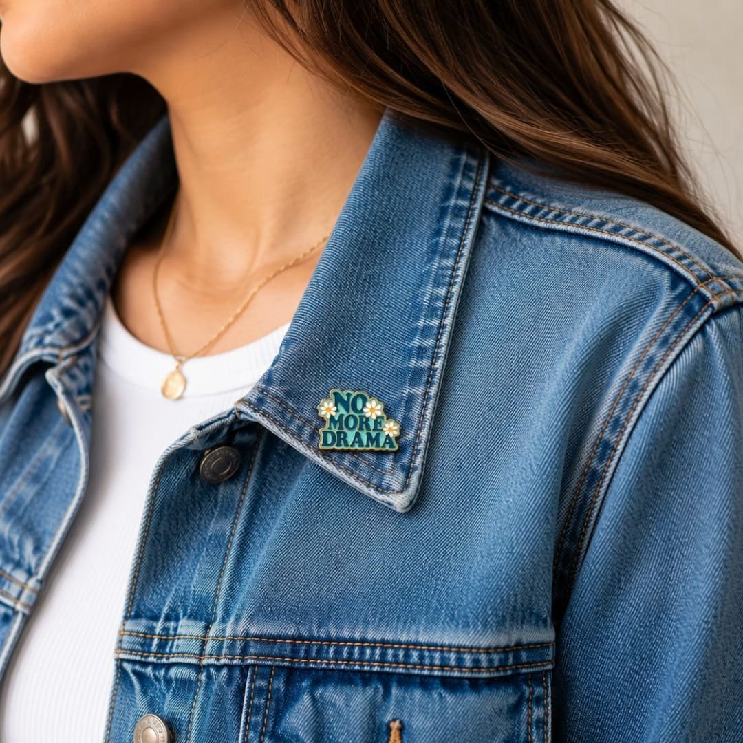 No More Drama enamel pin attached to a blue denim jeans pocket.