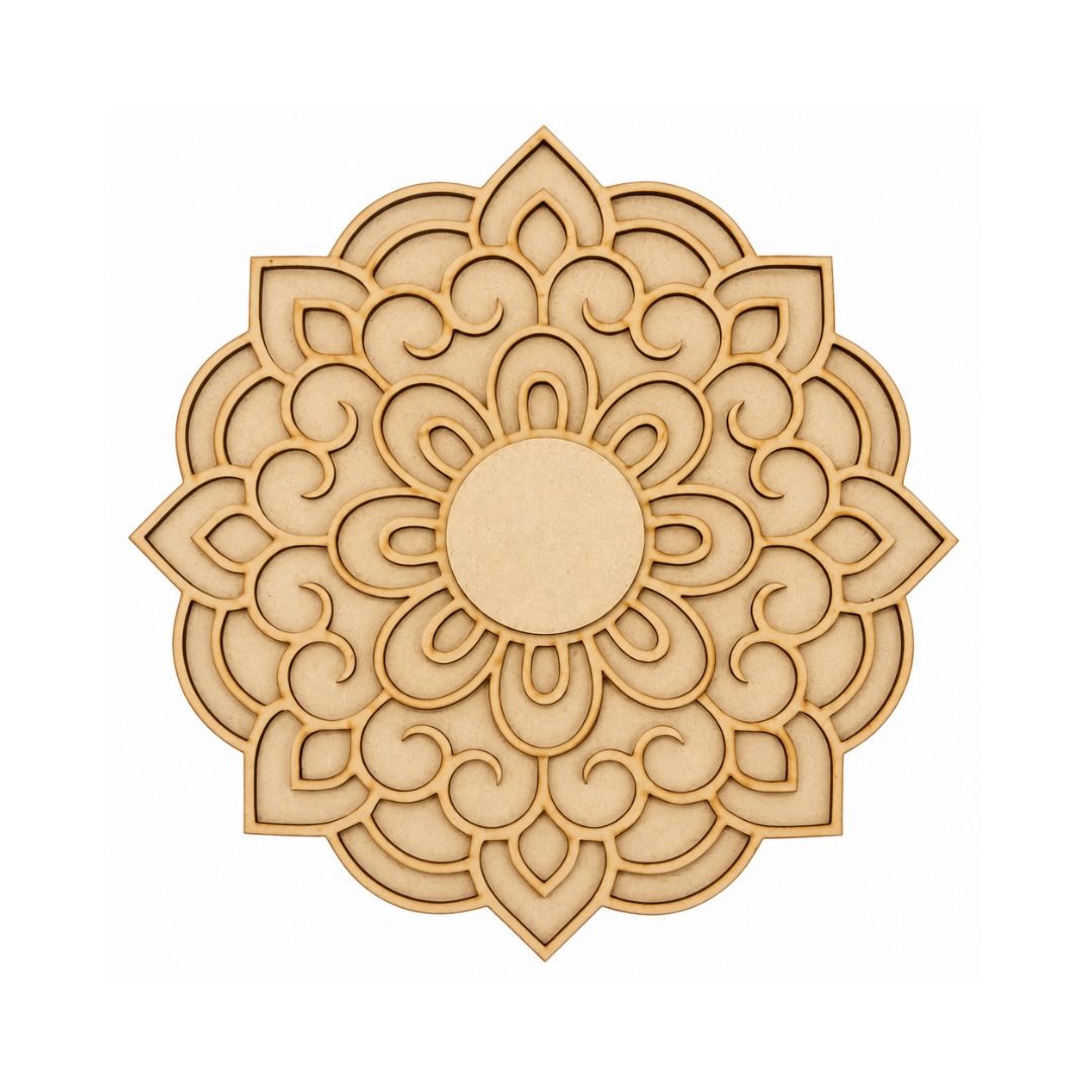 3D MDF mandala rangoli components with floral layers and circular Diya holder.